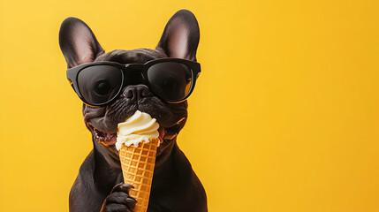 Cute black dog wearing sunglasses enjoys ice cream cone on bright yellow background during sunny day
