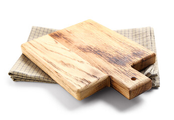 Wooden cutting board and checkered napkin on white background