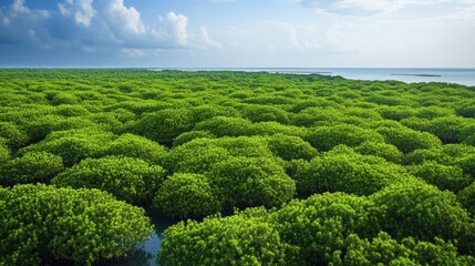 Lush green mangrove forest by the sea under blue sky and clouds