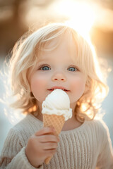Sweet moment of a joyful child enjoying an ice cream cone during a sunny afternoon in a park