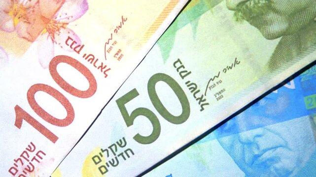 Israeli currency shekel close up footage 4k with bills of 100 and others. Business, money, inflation and finance concept video