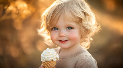 Sweet moment of a happy child enjoying ice cream outdoors during golden hour