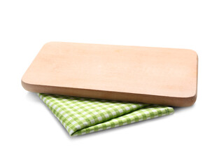 Wooden cutting board and checkered napkin on white background