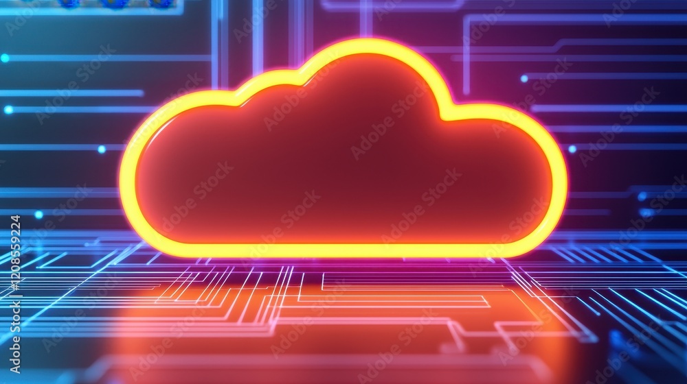 Poster glowing colorful cloud icon with circuit board background design