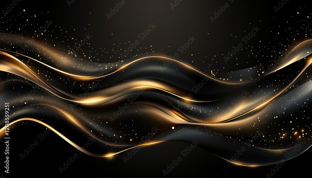 Poster luxurious dark template with elegant abstract black stripes and shiny golden diagonal shapes with li