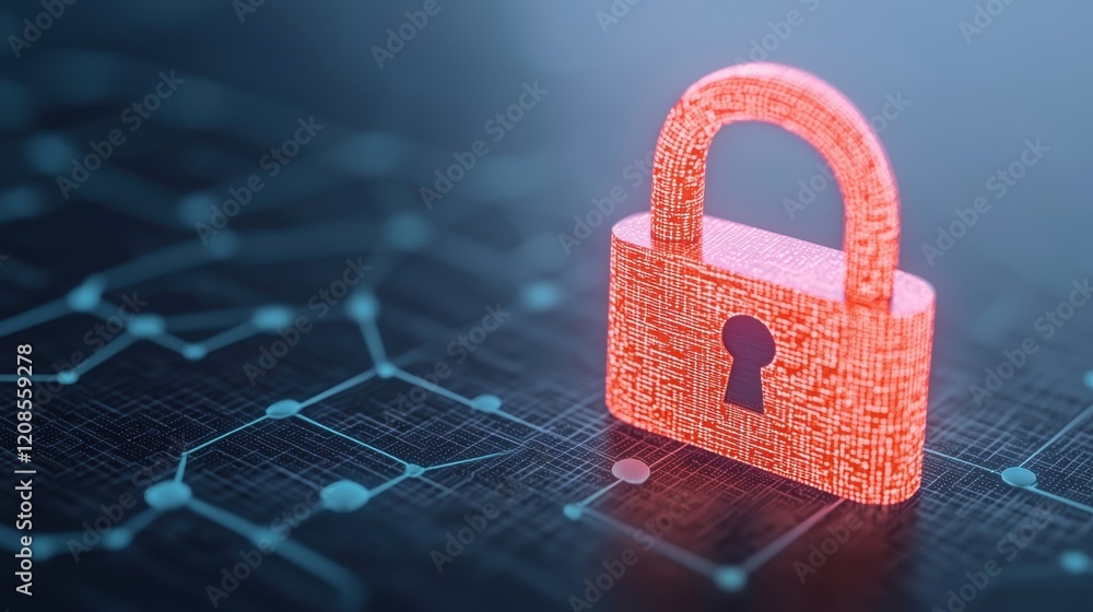 Poster digital security concept with a bright red padlock on circuit background