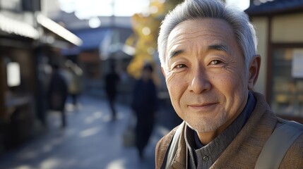 Mature male smiling outdoors in urban setting with sunlight