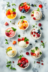Delicious assortment of ice cream flavors with fresh fruits and mint garnishes displayed on a textured surface