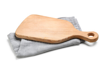 Wooden cutting board and grey napkin on white background