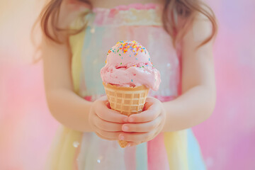 Young girl joyfully holds ice cream cone with colorful sprinkles in a pastel setting during a sunny afternoon