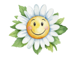 Daisy with cheerful expression face watercolor art. Ideal for creative designs. Isolated on transparent background, PNG