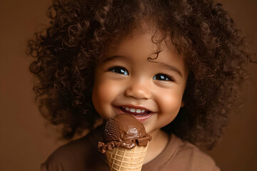 Naklejka premium Child with curly hair joyfully enjoying chocolate ice cream on a warm day in a cozy setting