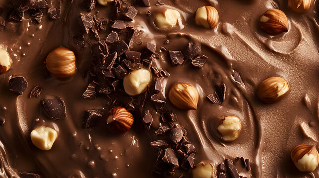 Creamy chocolate hazelnut spread with nuts and chocolate pieces on smooth texture
