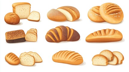 Variety of breads including sliced loaf, rye, and whole wheat on white background