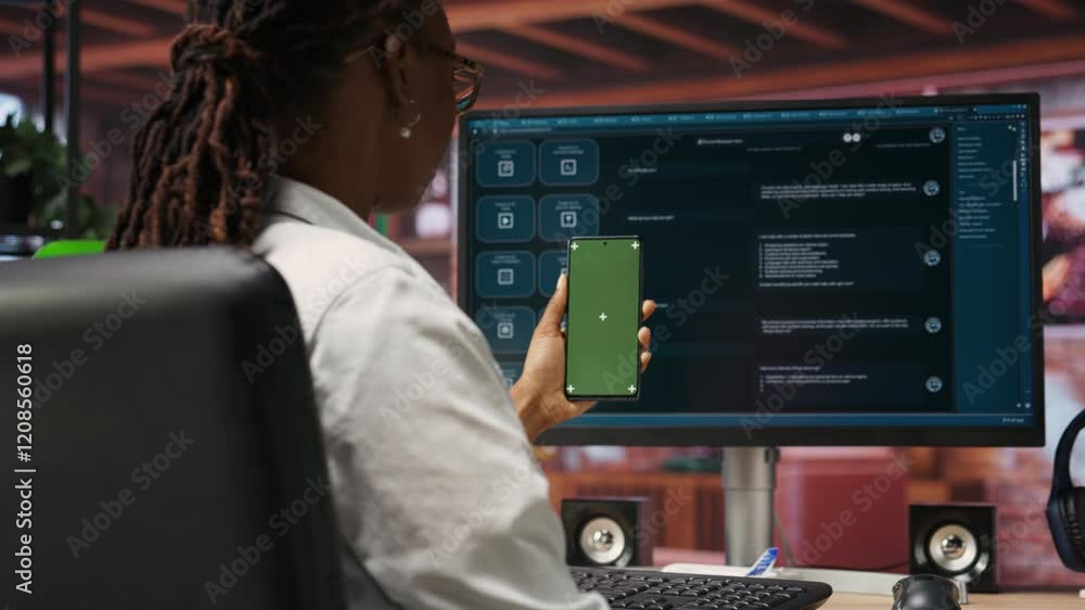 Aufkleber woman uses green screen phone, doing videocall in front of pc screen with ai llm chatbot answering p