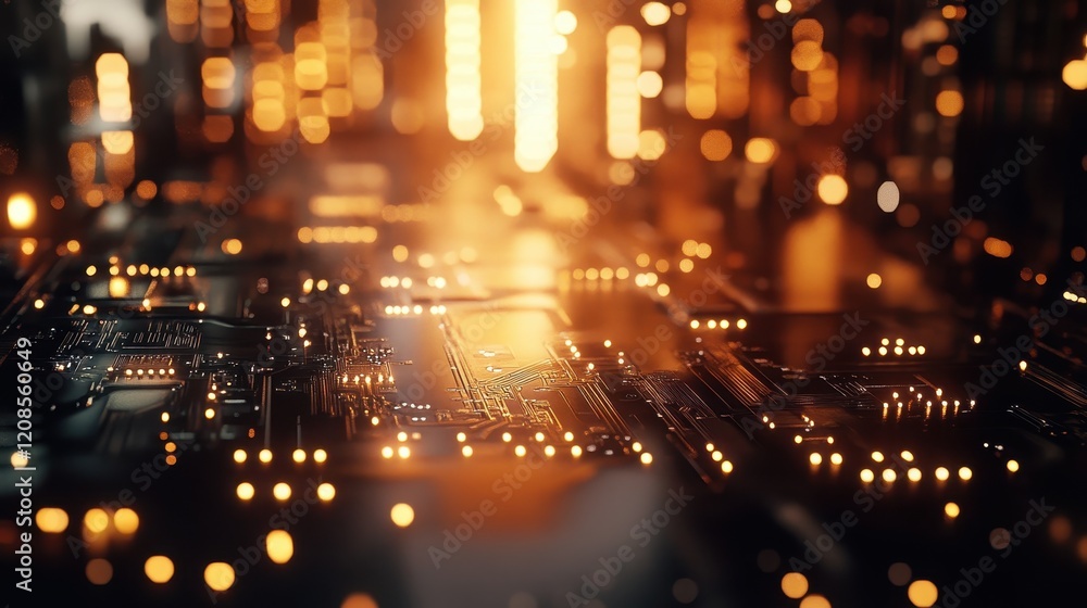 Aufkleber glowing circuit board with bokeh lights in a futuristic setting