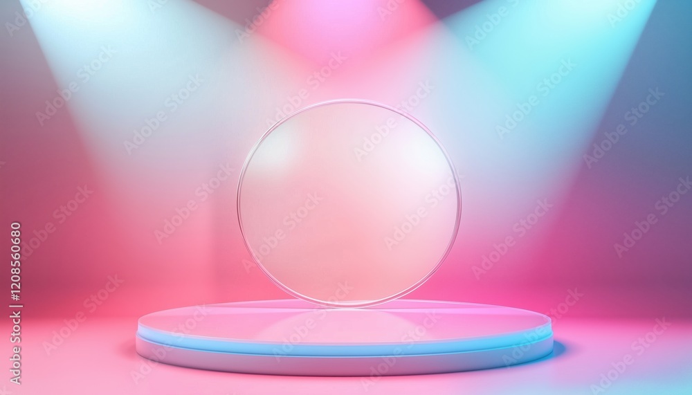 Poster empty neon podium platform with transparent glass backdrop and spotlight on gradient background - pe