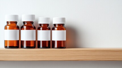 A minimalist arrangement of Vitamin D supplement bottles on a wooden shelf