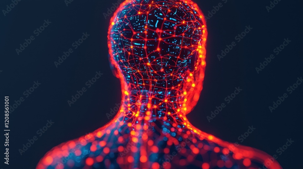 Poster futuristic humanoid figure with glowing wireframe design and patterns