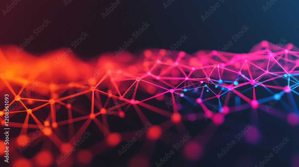Poster bright abstract connected lines and dots on dark background
