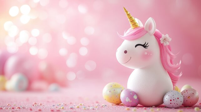 Whimsical easter unicorn egg decor on pink background for festive celebration