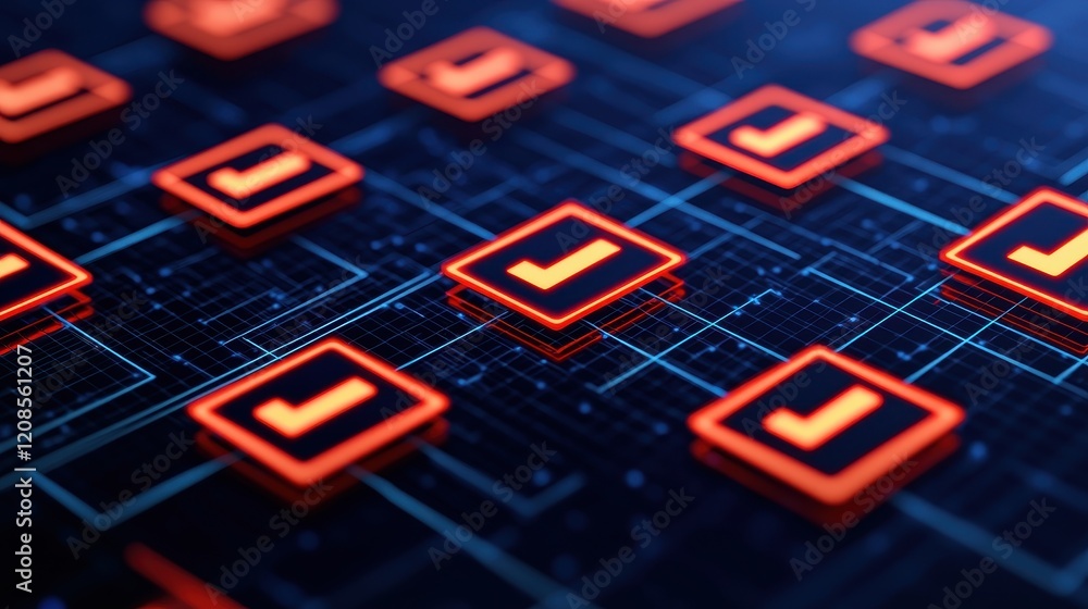 Poster futuristic digital interface with glowing icons and grid background