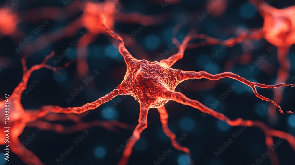 Poster close-up of neuron cell structure with vibrant red highlights