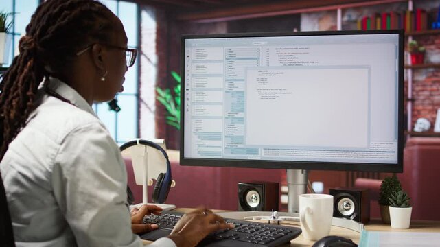 Engineer in home office looks at UI on computer monitor, typing and executing programming code. Panning shot of IT worker using coding application to write and test code in modern apartment, camera A