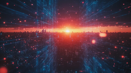 Obraz premium Smart digital Innovation city with connection network reciprocity over the cityscape. of future smart wireless digital city and social media networking systems that connects people with in city