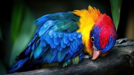 Obraz premium Colorful parrot perched on a branch, preening its feathers.
