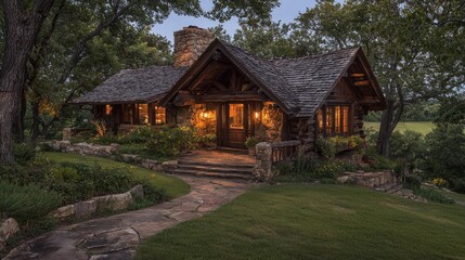 Rustic log cabin at dusk, hilltop view, tranquil garden