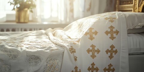 Ceremonial white cloth with embroidered crosses and holy symbols isolated on white background