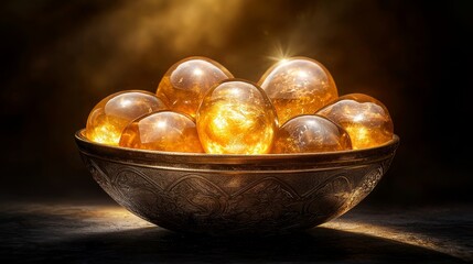 Close-up of a bowl filled with rich, glossy dates, warm earthy tones, smooth textures, capturing natural details and shadows, digital art style