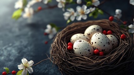 Obraz premium Easter eggs nestled in a rustic nest with spring flowers on dark background