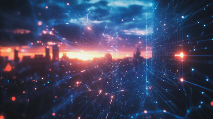 Obraz premium Smart digital Innovation city with connection network reciprocity over the cityscape. of future smart wireless digital city and social media networking systems that connects people with in city