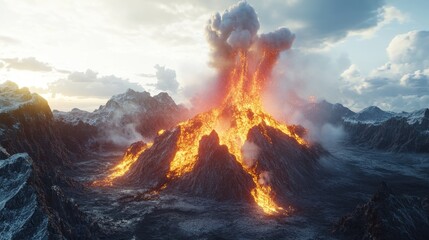 Fototapeta premium Eruption of a majestic volcano with flowing lava and dramatic sky