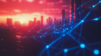 Obraz premium Smart digital Innovation city with connection network reciprocity over the cityscape. of future smart wireless digital city and social media networking systems that connects people with in city