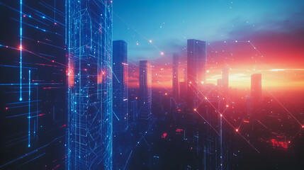Obraz premium Smart digital Innovation city with connection network reciprocity over the cityscape. of future smart wireless digital city and social media networking systems that connects people with in city