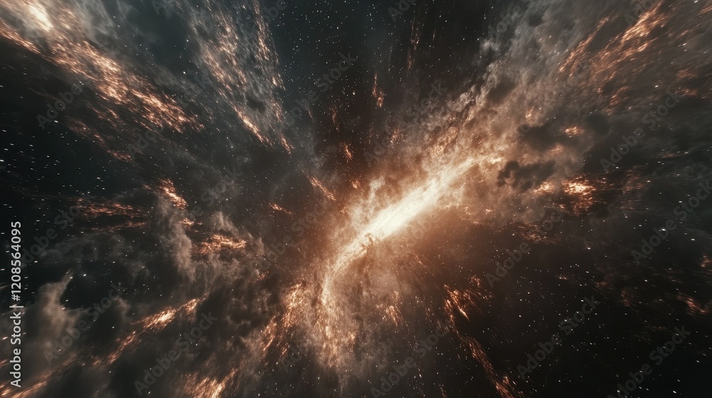 Poster cosmic explosion in deep space with fiery nebula and stars