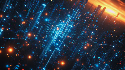 Obraz premium Smart digital Innovation city with connection network reciprocity over the cityscape. of future smart wireless digital city and social media networking systems that connects people with in city