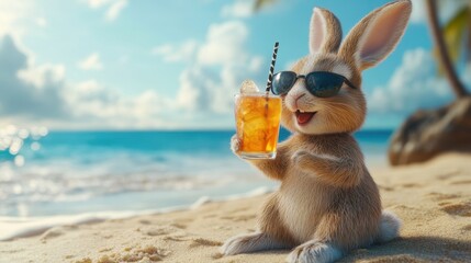 Easter bunny enjoying a tropical beach getaway with refreshing drink