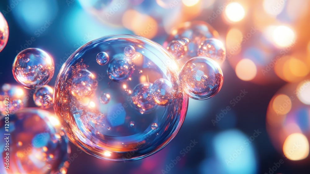 Poster colorful glowing bubbles with bokeh effect in vibrant abstract background