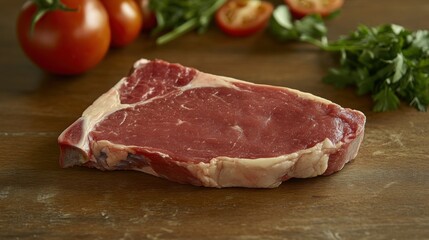 Fresh Raw Beef Steak on Wooden Table Surrounded by Juicy Tomatoes and Fresh Herbs Ready for Cooking, Ideal for Culinary or Food Photography