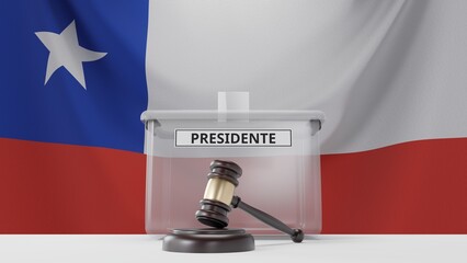 3D rendering of a Chilean ballot box with a sign saying "presidente", which means "president" in Spanish, and a court hammer. With the Chilean flag in the background.