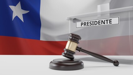 3D rendering of a Chilean ballot box with a sign saying "presidente", which means "president" in Spanish, and a court hammer. With the Chilean flag in the background.