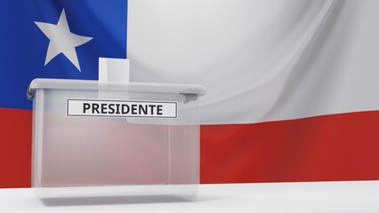 3D rendering of a Chilean ballot box with a sign saying "presidente", which means "president" in Spanish. With the Chilean flag in the background.