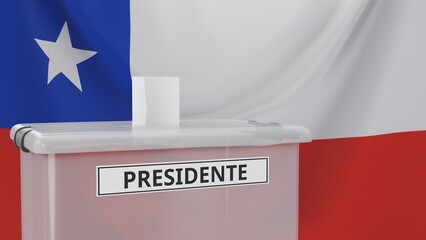 3D rendering of a Chilean ballot box with a sign saying "presidente", which means "president" in Spanish. With the Chilean flag in the background.