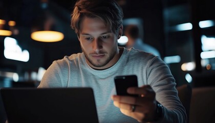 Stylish Businessman Sidetracked By Smartphone Video, Freelancer Using High-Speed Internet, Playing Games On Mobile Device At Work.