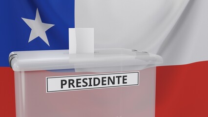 3D rendering of a Chilean ballot box with a sign saying "presidente", which means "president" in Spanish. With the Chilean flag in the background.