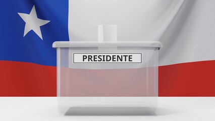3D rendering of a Chilean ballot box with a sign saying "presidente", which means "president" in Spanish. With the Chilean flag in the background.
